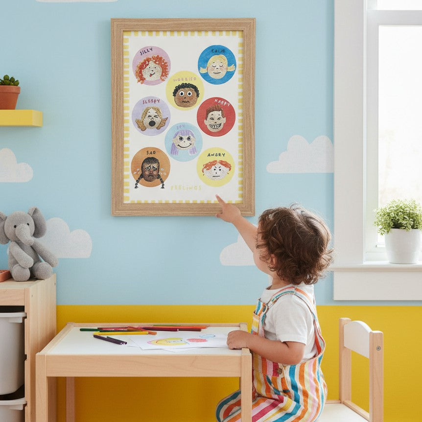 School Bus Studio Feelings A3 wall art print in oak frame, showing illustrated faces, hanging in a colorful nursery.