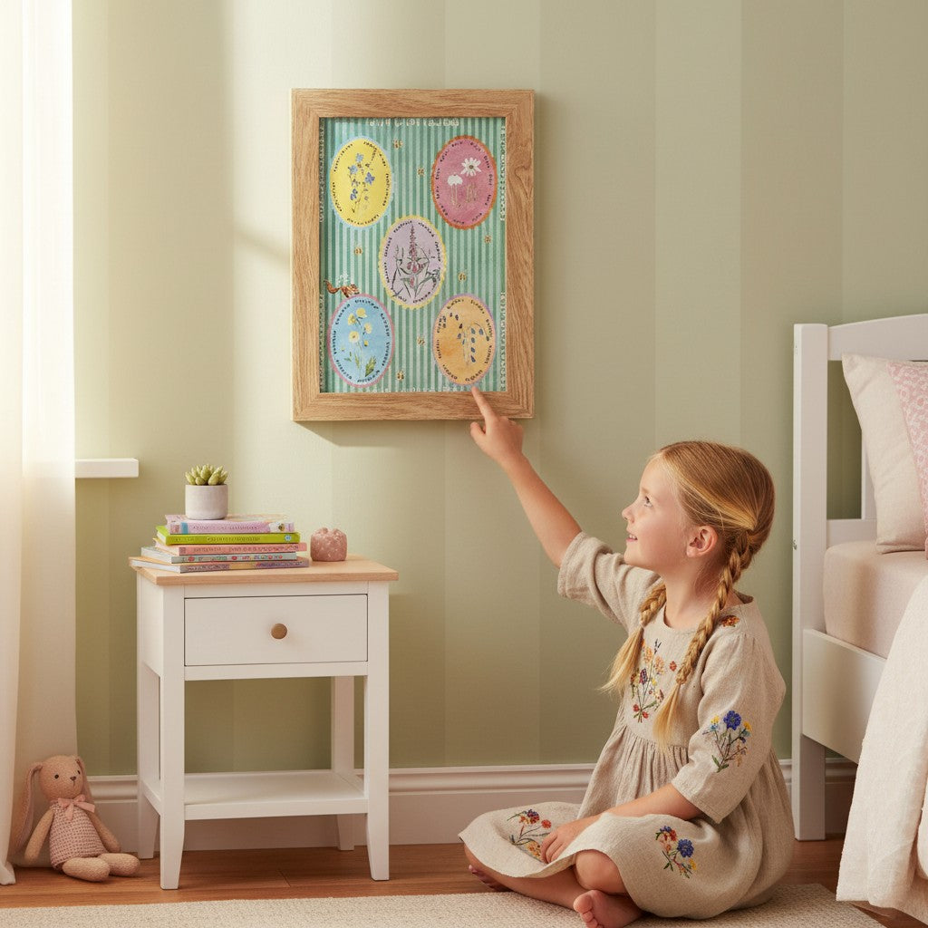 School Bus Studio Irish Wildflowers A3 print in an oak frame, displayed in a child's bedroom with a young girl.