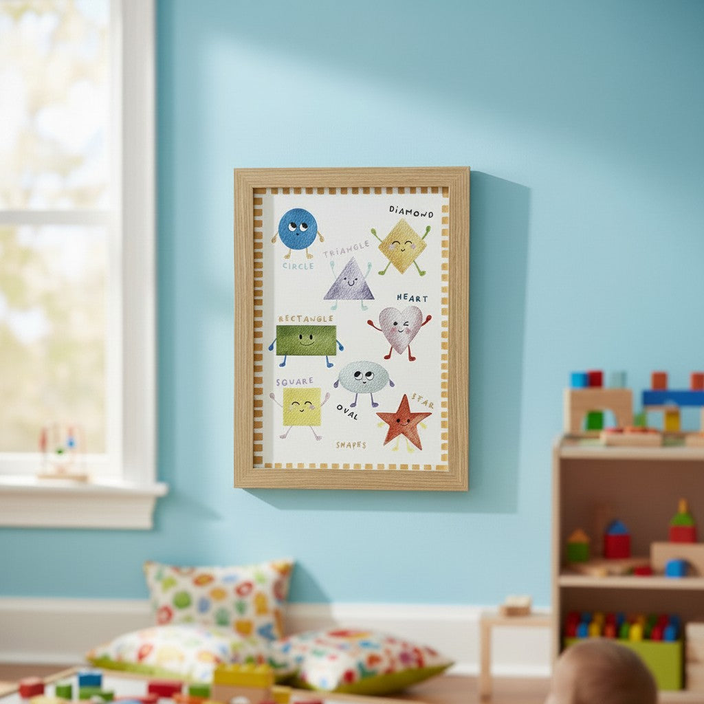 School Bus Studio A3 educational shapes wall art print with cute illustrated characters in an oak frame on blue wall.