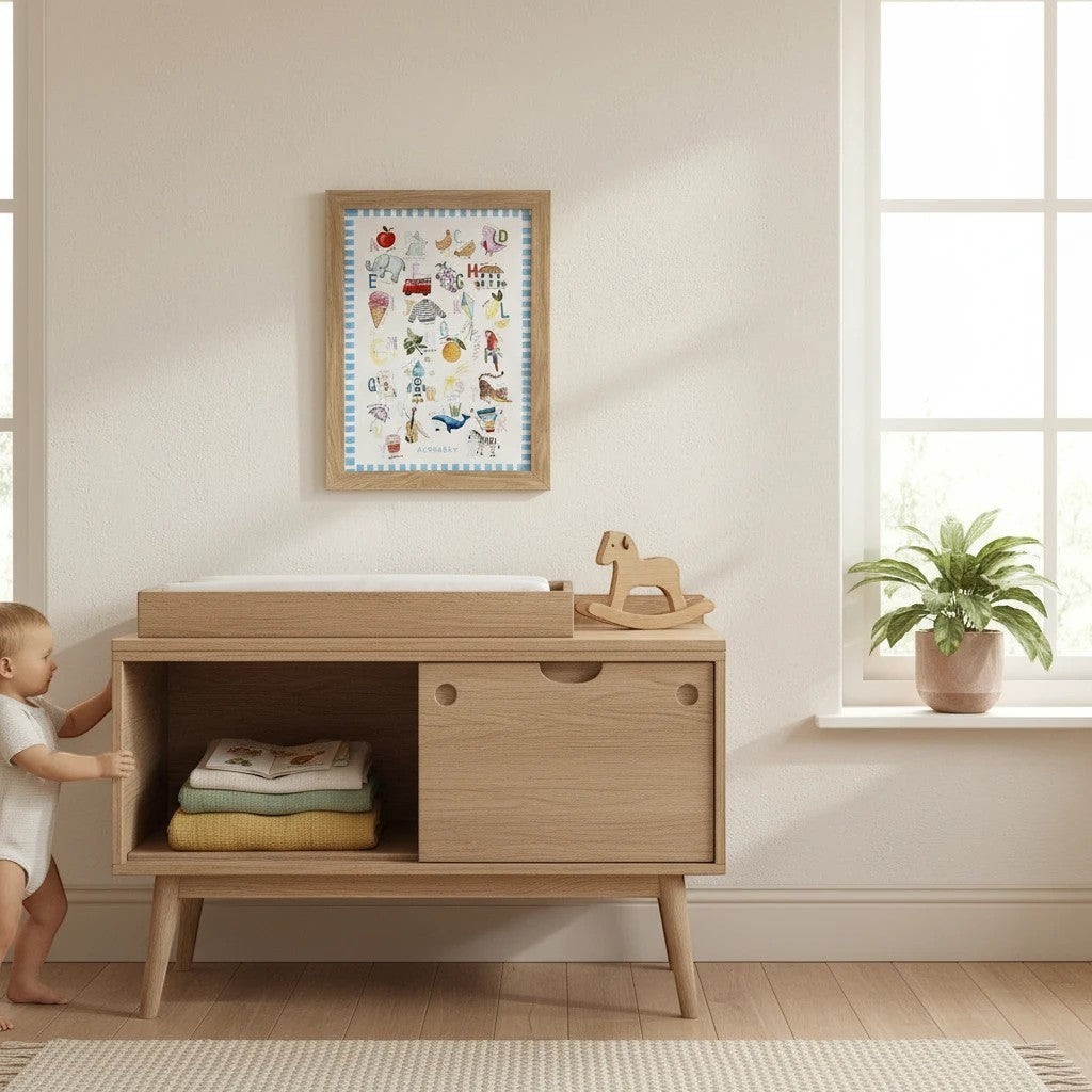 School Bus Studio illustrated alphabet nursery wall art in a natural wood frame hanging above a wooden changing table.