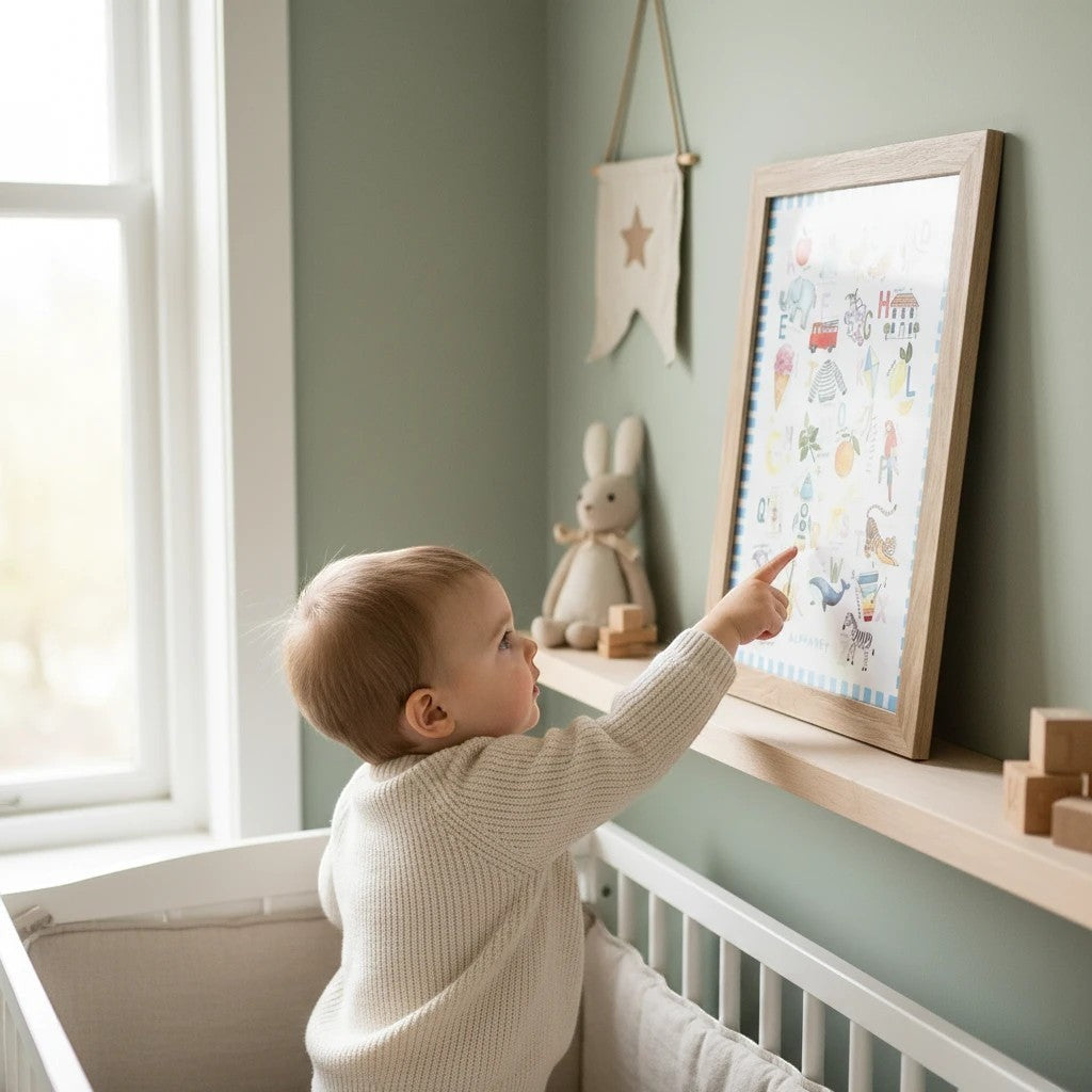 Toddler pointing at a School Bus Studio illustrated alphabet nursery wall art print in a light wood frame.