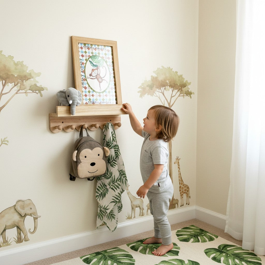 School Bus Studio Cheeky Monkey A4 art print in an oak frame displayed in a nursery with a toddler reaching for it.