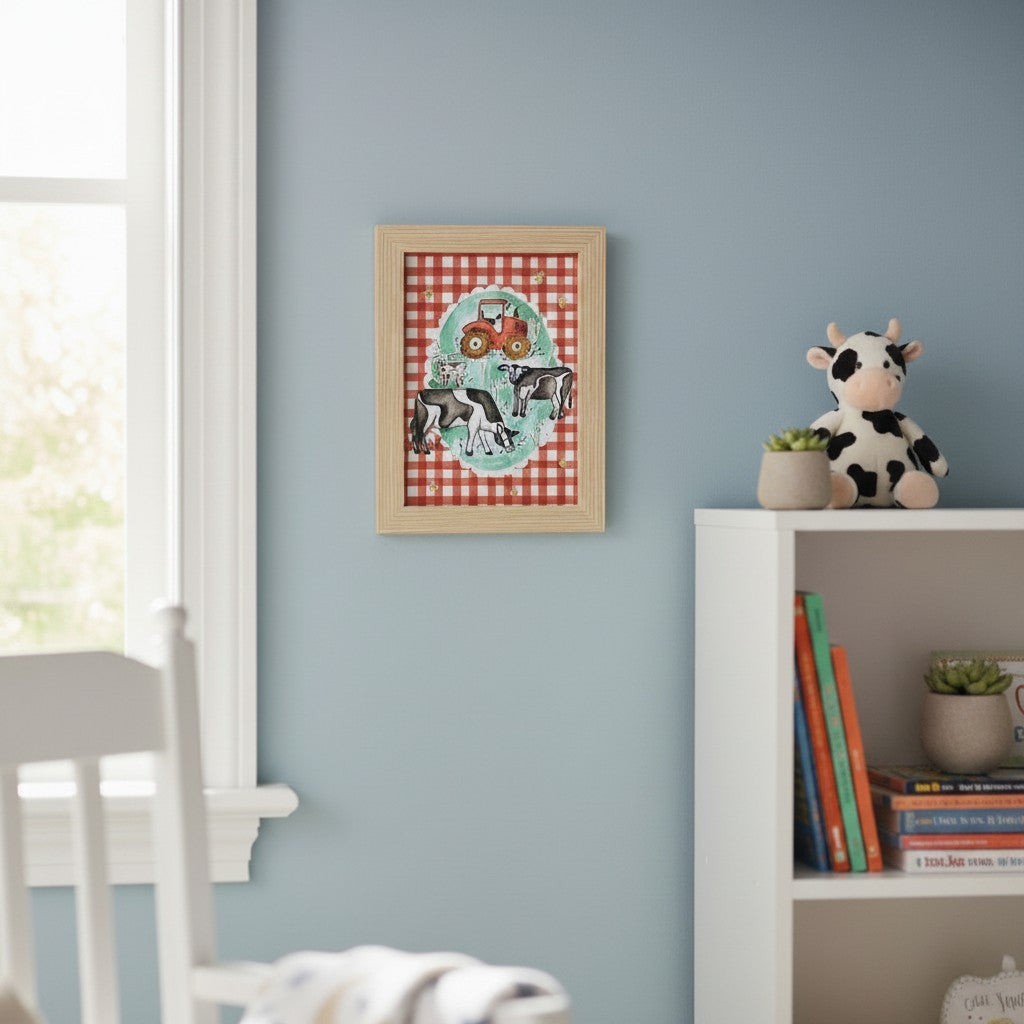 School Bus Studio A4 Cows print in an oak frame, featuring farm animals and a tractor on a red gingham background.