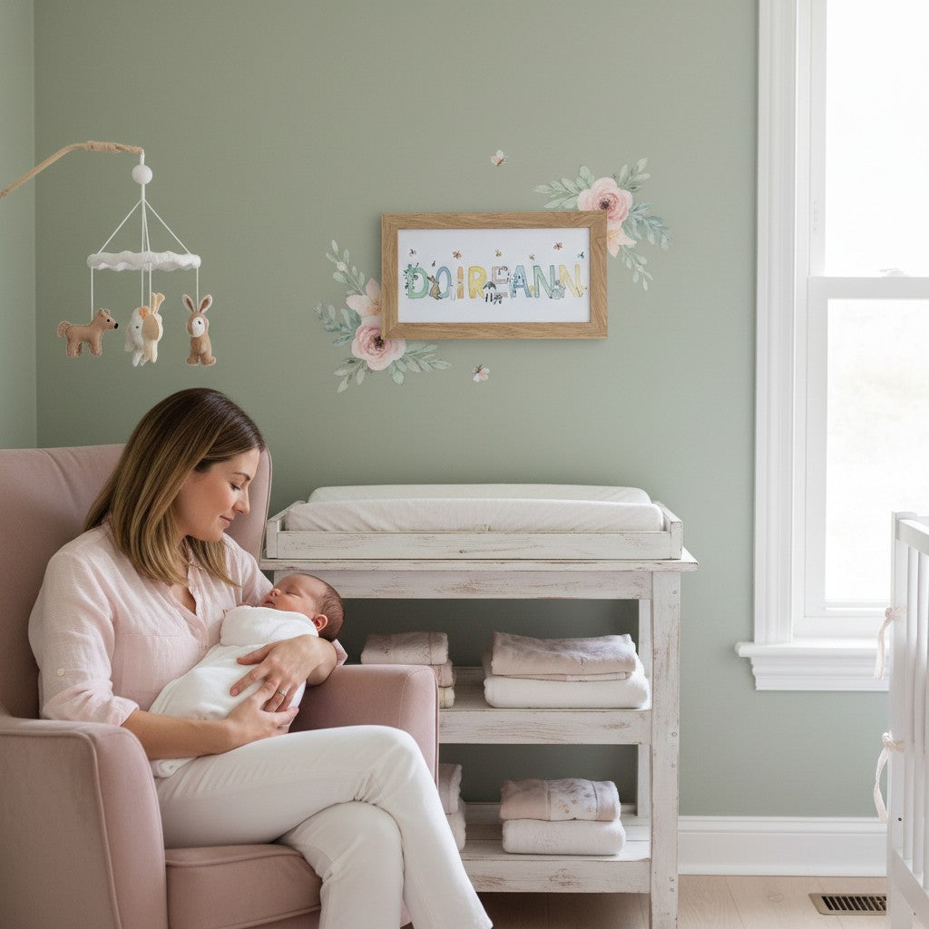 School Bus Studio custom name print in an oak frame hanging in a nursery above a mother holding her newborn baby.