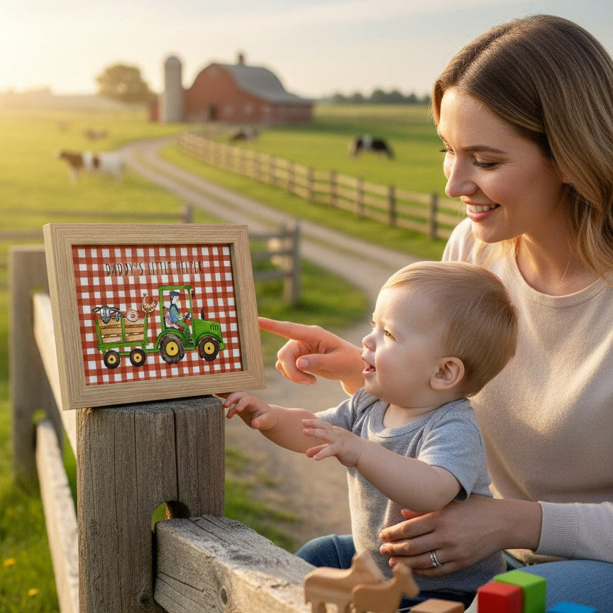 School Bus Studio Daddy's Little Helper green tractor A4 print in an oak frame, held by a mother and baby on a farm.