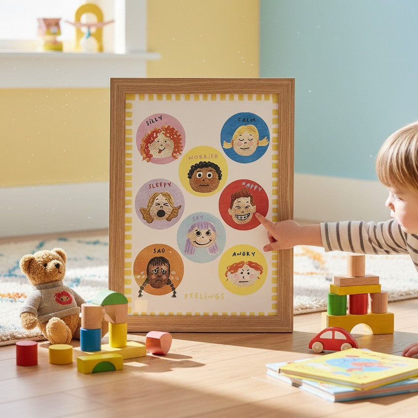 School Bus Studio Feelings A3 wall art print in an oak frame, featuring illustrated faces showing various emotions.