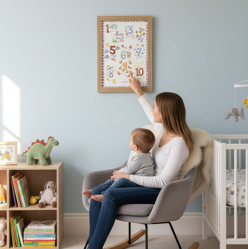 School Bus Studio A3 numbers print in oak frame, featuring illustrated animals in a nursery setting.