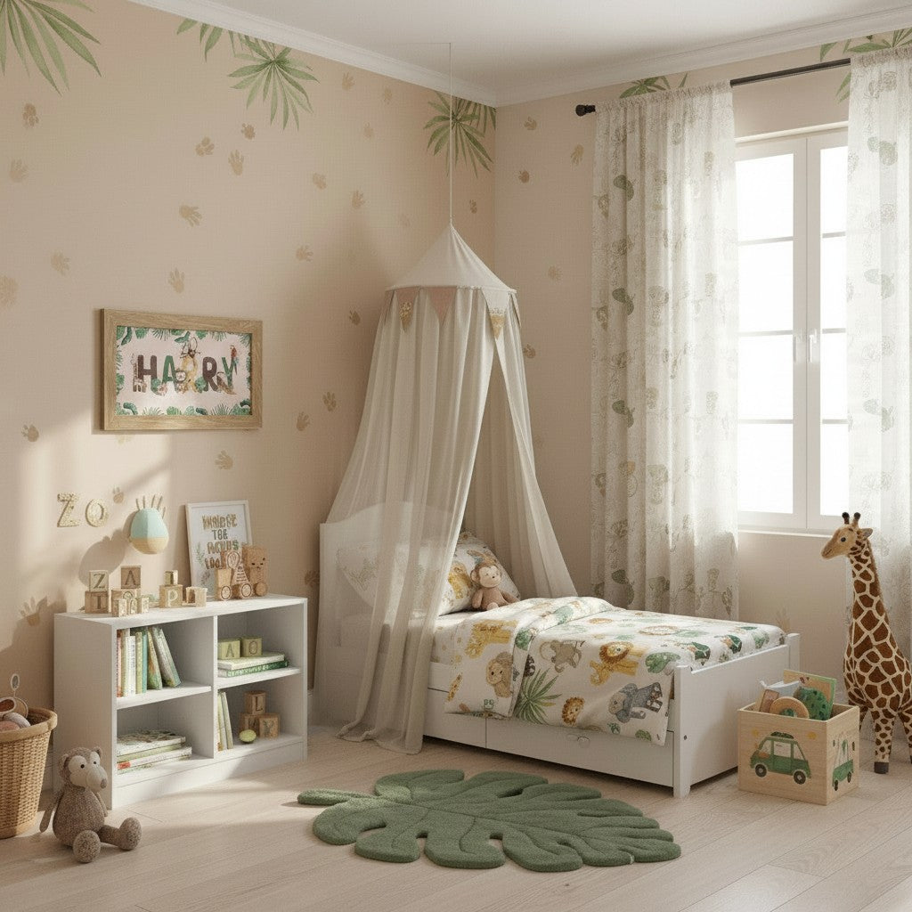 School Bus Studio custom safari name print in an oak frame displayed in a decorated jungle-themed nursery.