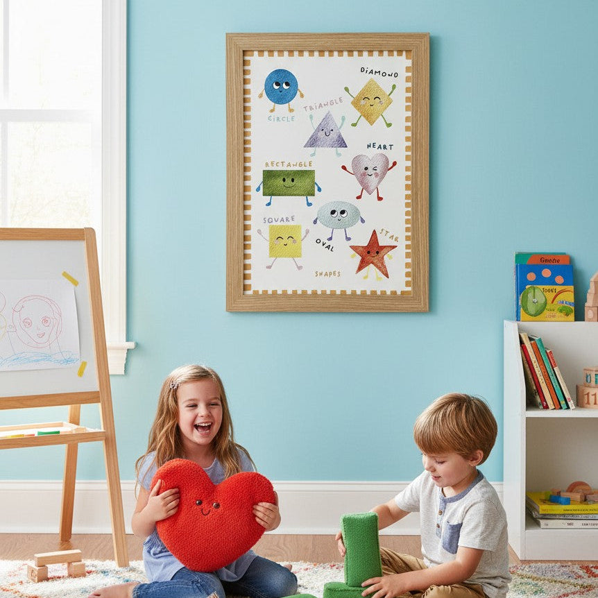 School Bus Studio A3 shapes print in oak frame hanging in a colorful nursery with children playing on the floor.