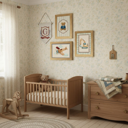 School Bus Studio Storybook nursery wall art set with framed digger, teddy, and plane prints plus custom name banner.
