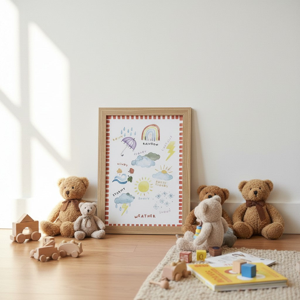 School Bus Studio A3 weather print in an oak frame, featuring hand-painted illustrations in a nursery playroom.